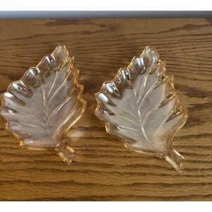 Set of 2 Vintage Marigold / Amber Leaf-Shaped Carnival Glass Candy Relish Dishes